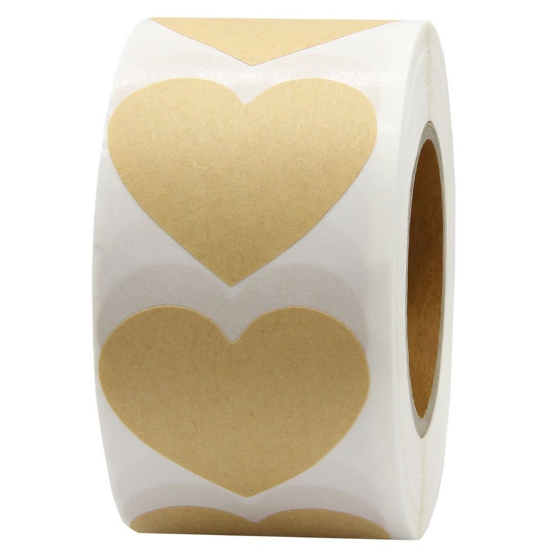 Hcode Love Heart Shape Natural Kraft Permanent Adhesive Label 1.5'' Labels of Paper 500 Stickers per Roll (Heart, Kraft) - Image 1